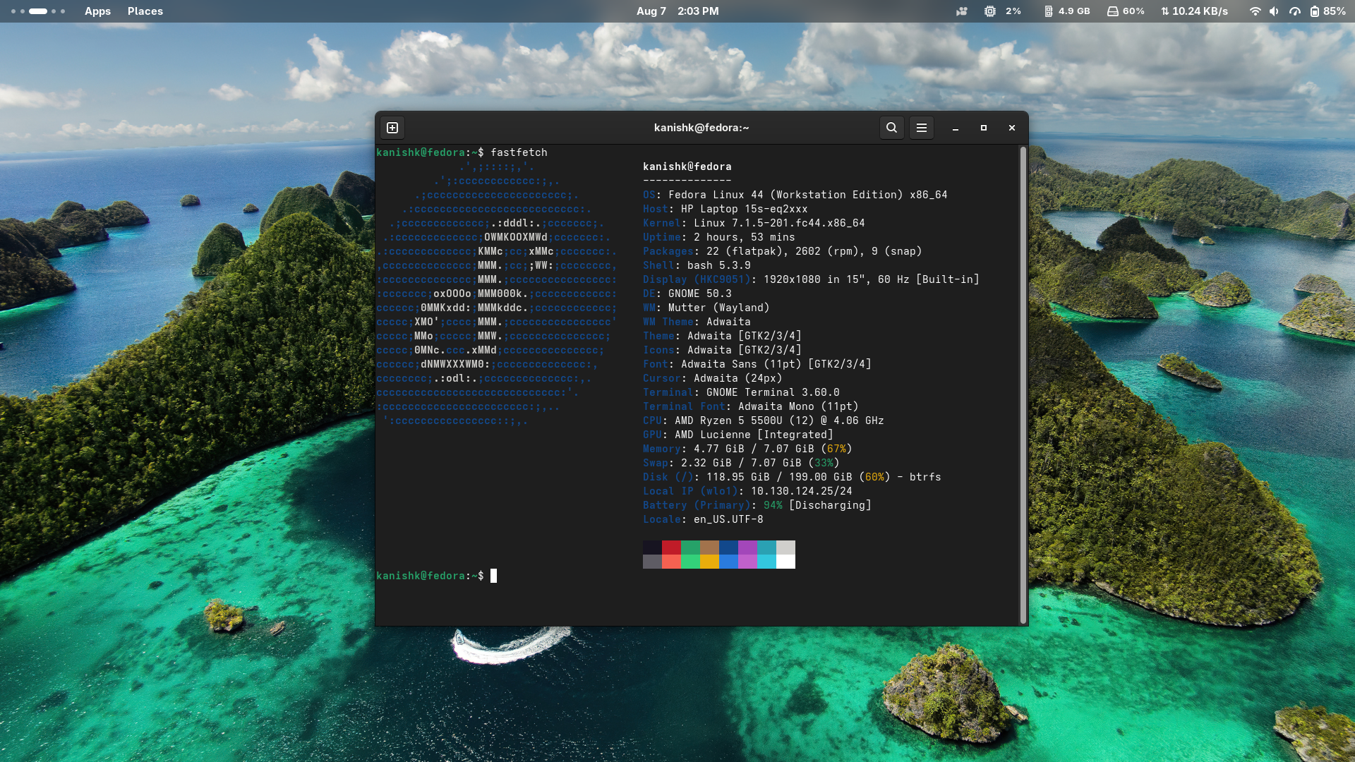 Fedora Workstation terminal showing fastfetch system information.