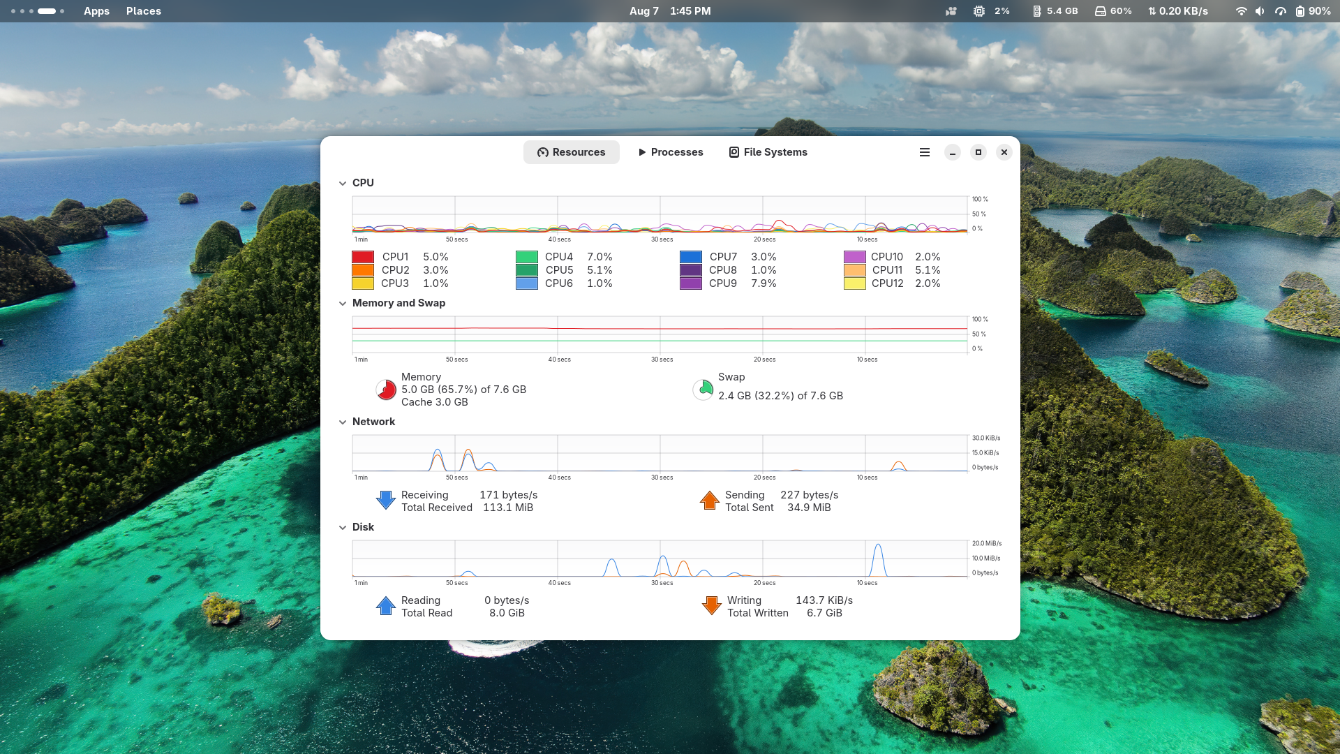 Fedora system monitor showing CPU and memory usage during light desktop development work.